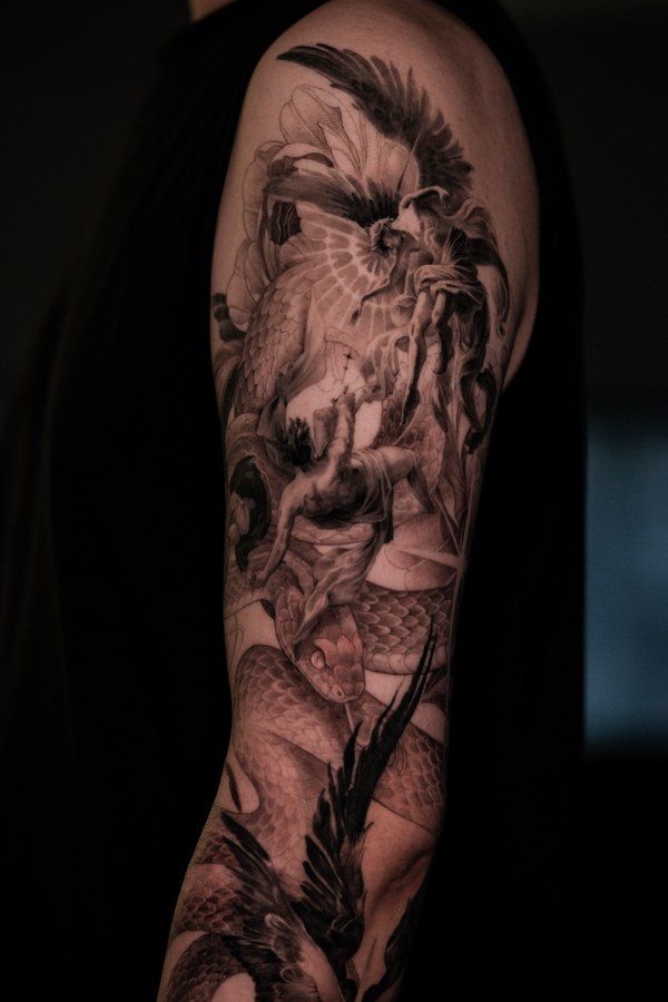 A full sleeve of religious imagery