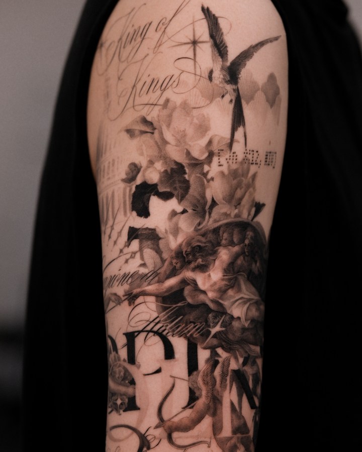 A full sleeve of figures and birds