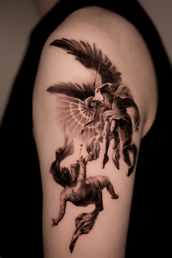 An angel tattooed on the arm