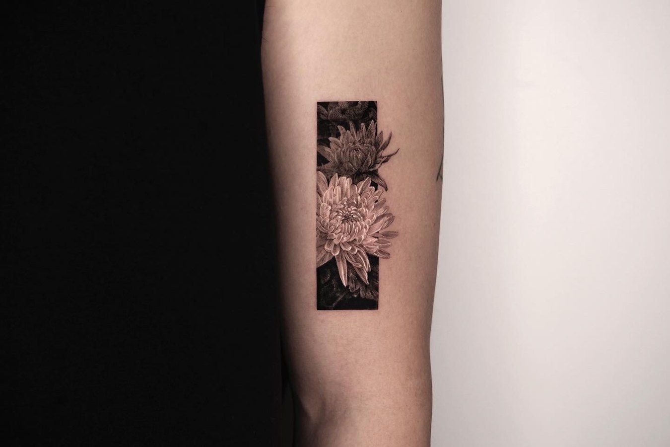 A small chrysanthemum frame tattooed on the arm