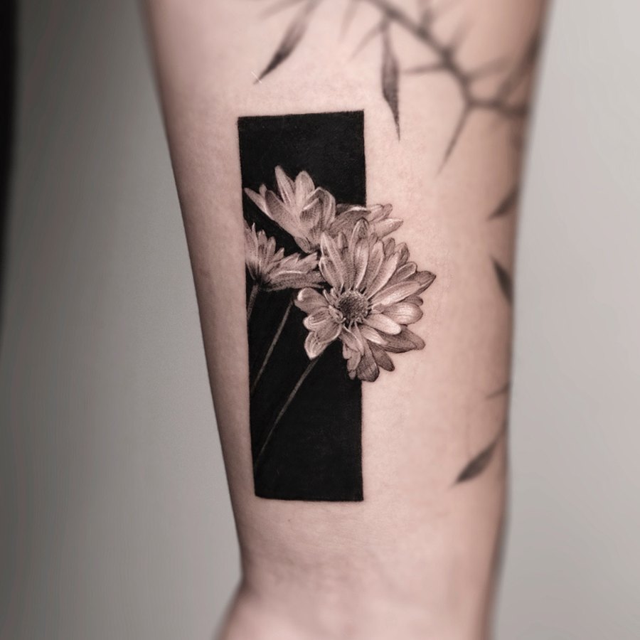 A chrysanthemum in a black square frame, tattooed on the arm