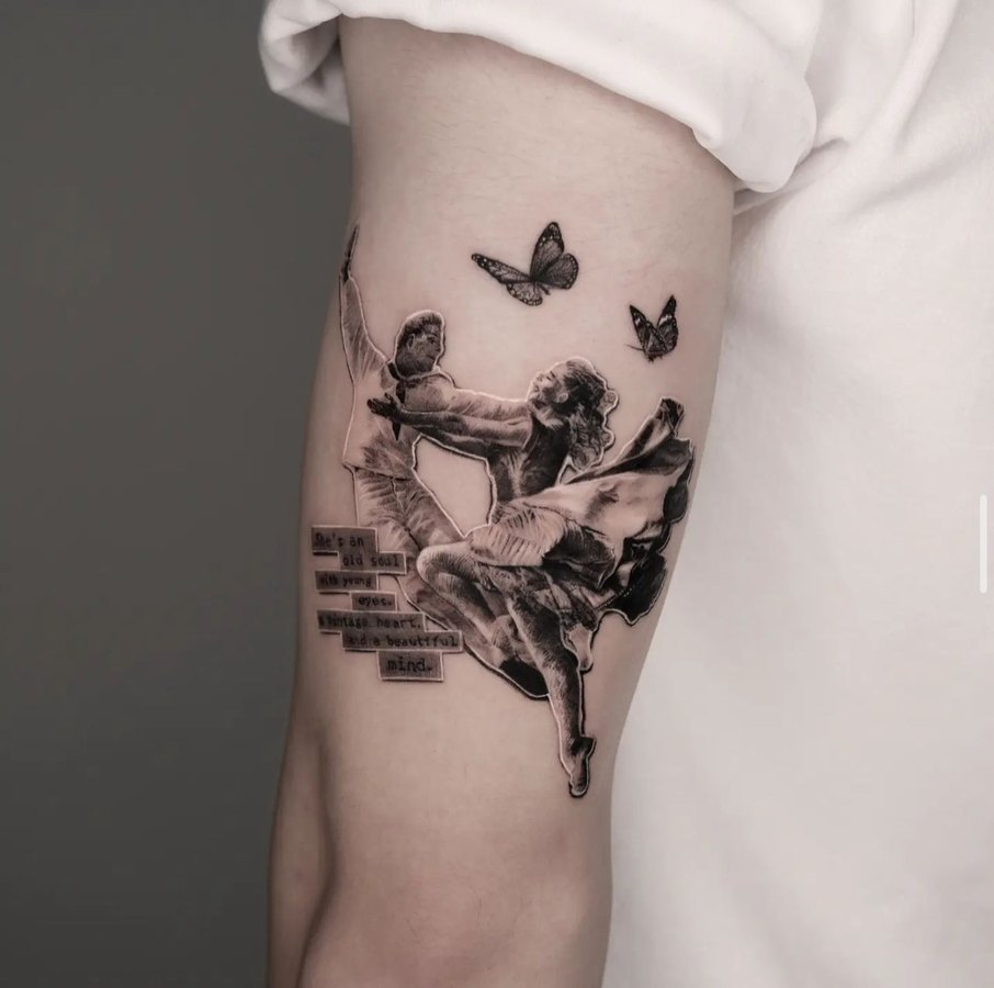 A figure with a butterfly, tattooed on the arm