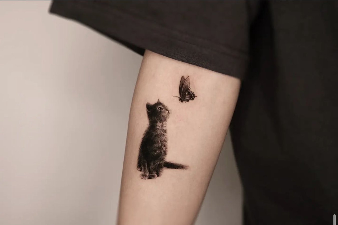 A cat and a butterfly tattooed on the arm