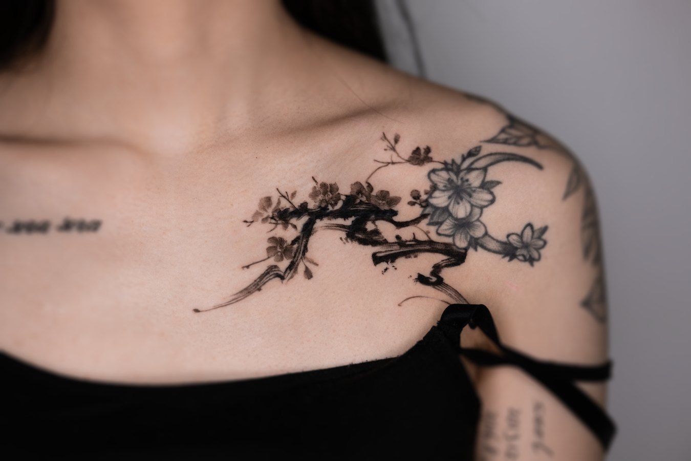 A plum blossom branch tattooed on the collarbone